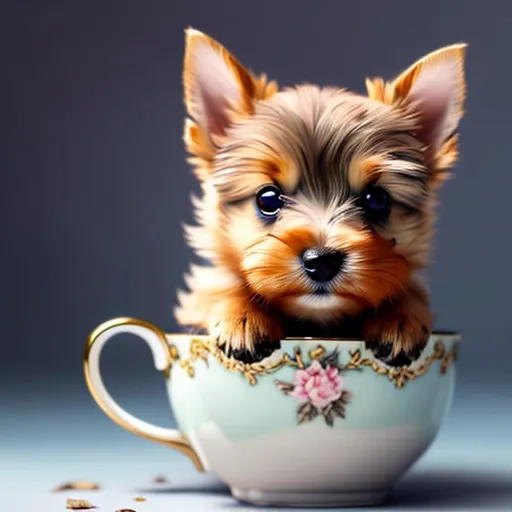 Prompt: vintage teacup (Australian Terrier) puppy, blue and tan:  Warm lighting, Detailed, Digital painting, Artstation, trending, art by lois van baarle and loish and ross tran and rossdraws and sam yang and samdoesarts and artgerm, Cute animal, Puppy sitting inside teacup