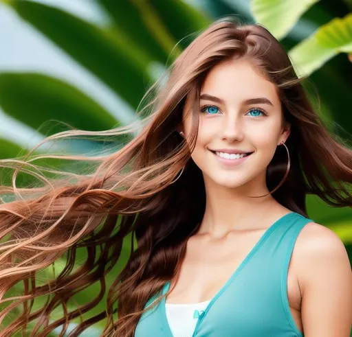 Prompt: A full body image of a young girl in her early twenties with delicate features and striking blue-green eyes that seem to change color depending on the lighting. She has a perfect body shape. Her hair is a rich chestnut brown, cascading down her back in gentle waves. She has full lips that curve upwards in a natural smile, and her skin is smooth, soft and unblemished with a natural glow, toned legs and a petite waist. She's wearing  a school uniform with a very small skirt that flutters in the breeze, and her hands are clasped together in front of her. The background could be a busy street, details of the girl's features to create an ultra-realistic full body image