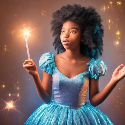 Prompt: 16 year old girl in a glittery super puffy ball gown casting a spell with her magic wand 