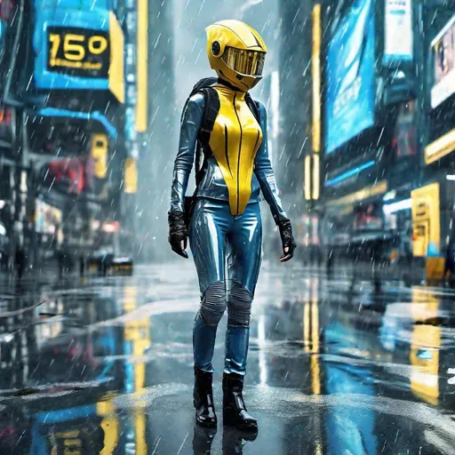 Prompt: generate an image of a full body cybernetic futuristic svelte woman from 2250 ((full shot)), walking in the wet street, wearing a bluish grey shiny tight jeans and sweater and thin black boots, a big backpack, a futuristic big cross helmet with metallic visor, intricate blue and yellow billboards in the background, maximalist, reflection, blue hue, cyberpunk setting, UHD, photorealistic, super resolution, dynamic lighting, a masterpiece, by jeremy mann, a breathtaking artwork by Brian Froud, Ferez, Arthur Rackham, Beeple, Epic scale, highly detailed, clear environment, triadic colors cinematic light 16k resolution, trending on artstation, hyperdetailed, hyperrealism, cinematic, filmic; epic in scope and scale, Poster art. night, yellow and blue billboards and buidings in the background and sides
© Amina