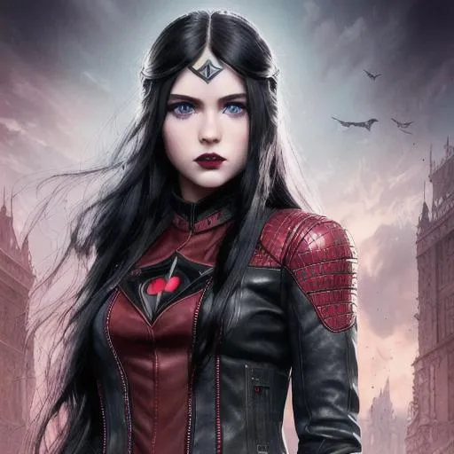 Prompt: young girl, long black hair, light blue eyes, berry lipstick, red leather jacket, black pants, knee-high black boots, 3-D, fine-tuned, hyper-realistic, intricately detailed, detailed face, fantasy, 16K, realistic, superhero, movie poster, full body