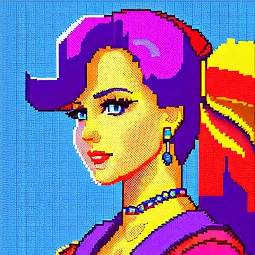 Prompt: retro digital pixelart of a woman for DOS SNES with dithering pillow shading 16-bit colour depth masks raster.
