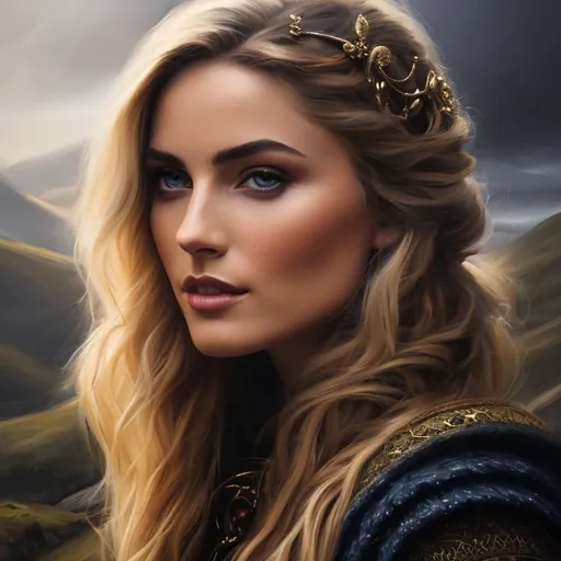 Prompt: Oil painting, Chiaroscuro, landscape, UHD, 8K, highly detailed, panned out view of the character, visible full body, a hyperdetailed Vikings tall girl, hyperdetailed large blonde hair, masterpiece, hyperdetailed full body, hyperdetailed feminine attractive face and nose, complete body view, ((hyperdetailed eyes)), perfect body, perfect anatomy, beautifully detailed face, alluring smile, ((scantily clad)), beautiful woman, Medieval, long white dress, brown hair,  on steps, haunted tower. style of Alayna Lemmer