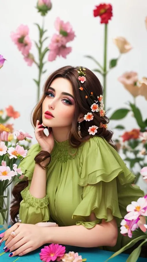 Prompt: Beautiful brunette woman with makeup portrait Flowers in hair, facial closeup