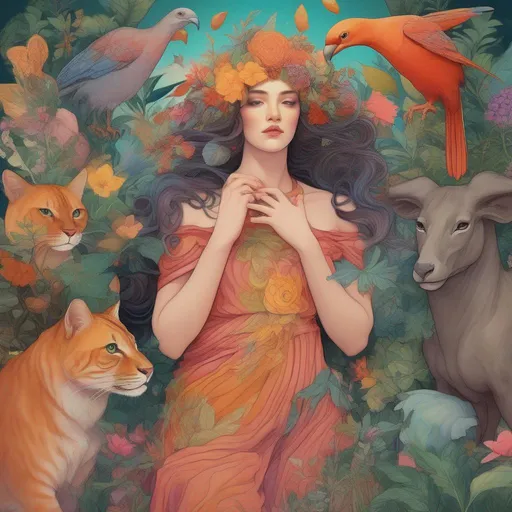 Prompt: Colorful and beautiful Persephone as an angle surrounded by plants and animals