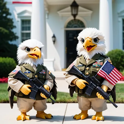 Prompt: two small cute and furry eagles in US military uniform with M16 rigle in hands, before White House with USA flag
