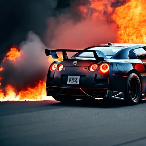 Prompt: a black Nissan gtr r35 doing a drift whit fires in his  back wheels, and back ground is night