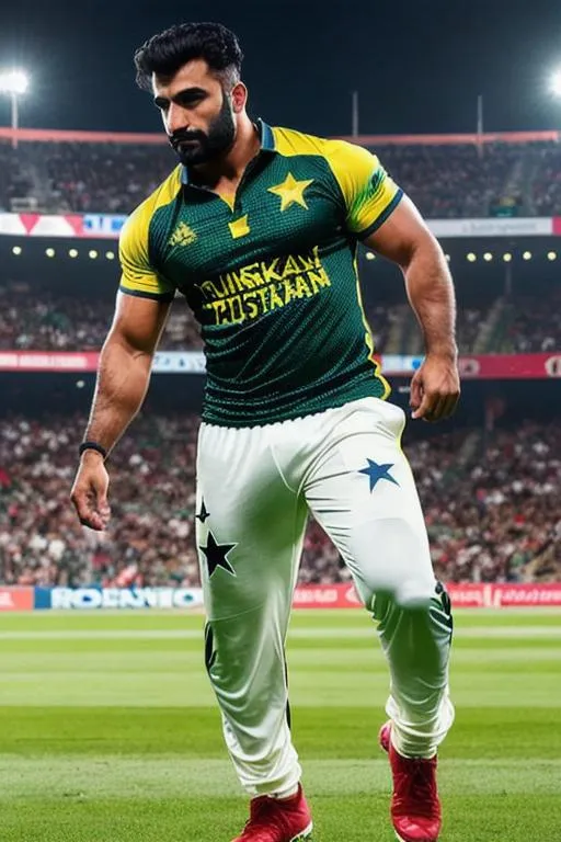 Prompt: full body portrait of "very rugged muscular cocky pakistani hunk, "dancing" on the field,arena, perfect composition, hyperrealistic, super detailed, 8k, high quality, trending art, trending on artstation, sharp focus, studio photo, intricate details, highly detailed, by greg rutkowski