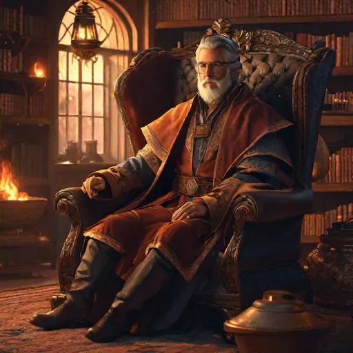 Prompt: Portrait of a mage sitting in a chair by the fire in his study.  Full-body shot, highly detailed, character illustration, 8K. (no headgear)