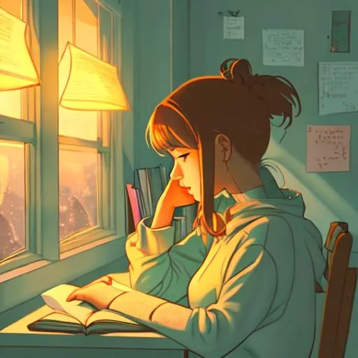 Prompt: Lofi girl reading a book at the desk by the window in a cozy room at night 