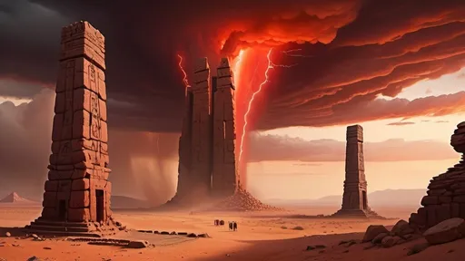 Prompt: ancient ruins in foreground, darkest night, nightmare, carved alien symbols on stone pylons, ancient stone city in the distance surrounded by a fortified wall, ancient megalith architecture, no trees, no bushes, no grass, no leafy vegetation, rocky desert alien planet setting, in the style of dune, red sky, alien dark sky,  overcast sky, stormy sky filled with red clouds, dust haze, sand storm, highly detailed, photo-realistic, hyper-real