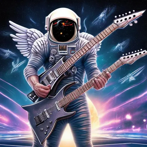 Prompt: Bodybuilding Assyrian Winged astronaut playing guitar for tips in a busy alien mall, widescreen, infinity vanishing point, galaxy background