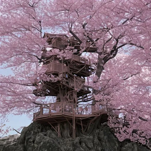 Prompt: THE CHERRY BLOSSOM TREE HOUSE :: beautiful ornate treehouse in a gigantic pink cherry blossom tree :: on a high blue grey and brown cliff with light snow and pink cherry blossom trees :: Roger Deakins and Moebius and Alphonse Much and Guweiz :: Intricate details, very realistic, cinematic lighting, volumetric lighting, photographic