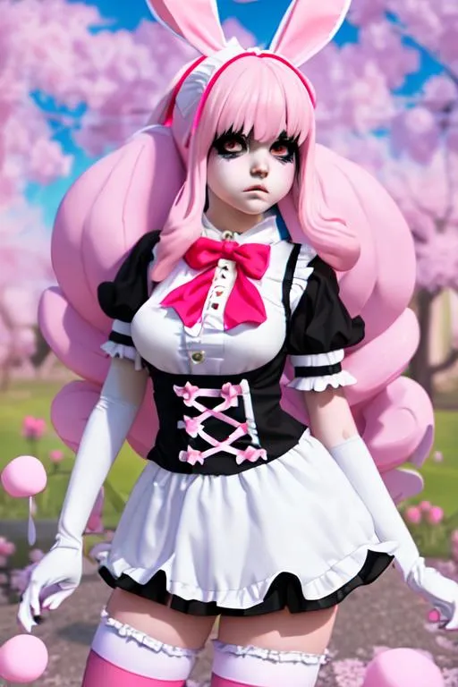 Prompt: A Emo  young women in a cosplay dressed in a mischievous inviting Lolita bunny outfit ,  full body, with long  hair, with white thighs highs,painting himself toy, standing character, soft smooth lighting, soft pastel colors, skottie young, in a spring time background 3d blender render, polycount, modular constructivism, pop surrealism, physically based rendering, square image.photorealistic  3d blender trending on art station 