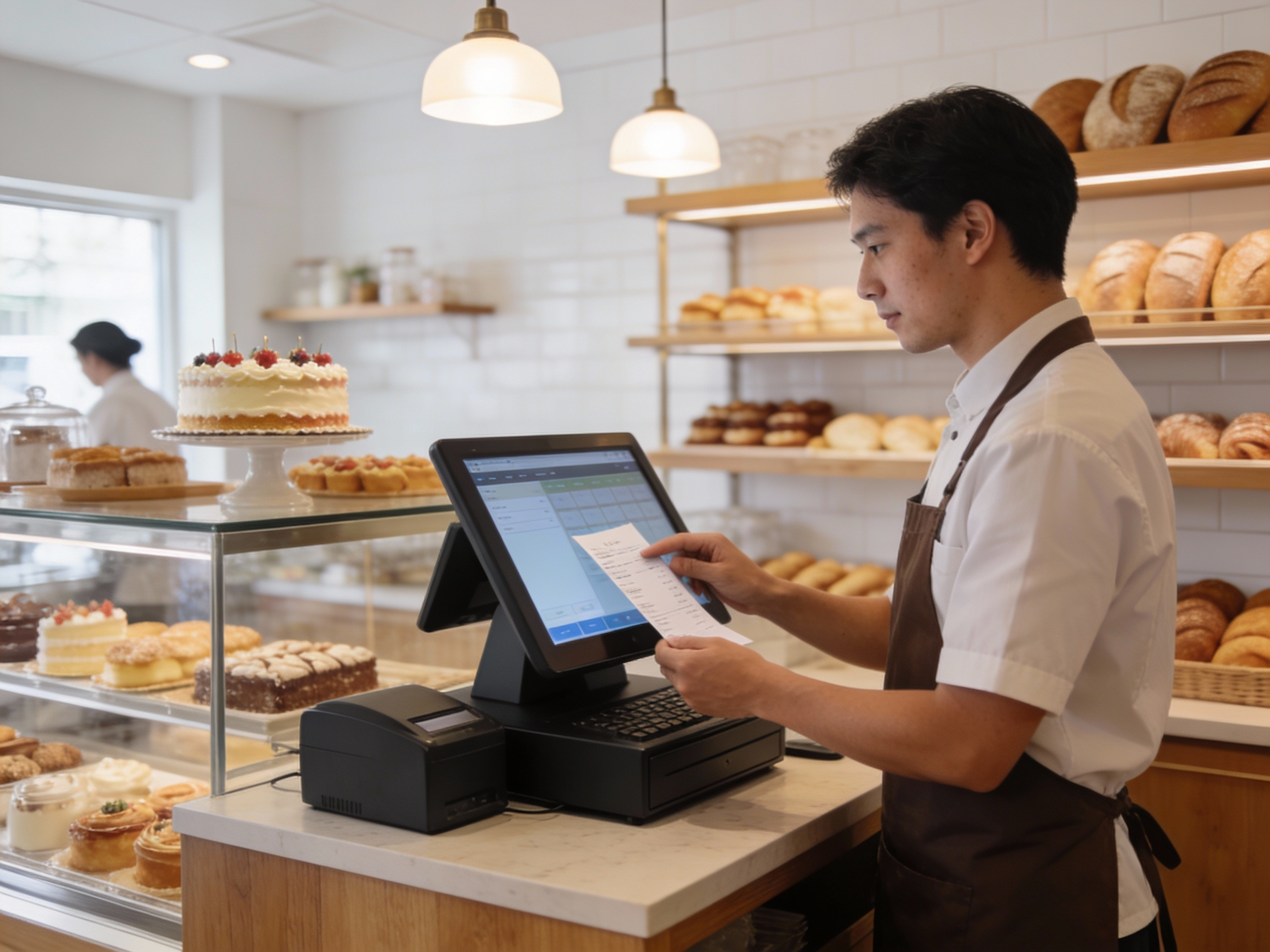 A modern bakery counter with a touchscreen POS syste...
