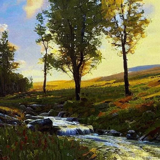 Prompt: A detailed South Dakota landscape with a stream in the style of Peder Mork Monsted