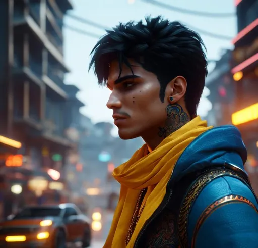 Prompt: man with black hair and colorful facial tattoos, perfect man, close-up rear view half body, perfect body, beautiful body, Facing , utopian, highly detailed, octane rendering, cinematic, highly detailed, vibrant, production cinematic character rendering, model Ultra High Quality, 8k Ultra HD, Full Body Visible, Lipgloss