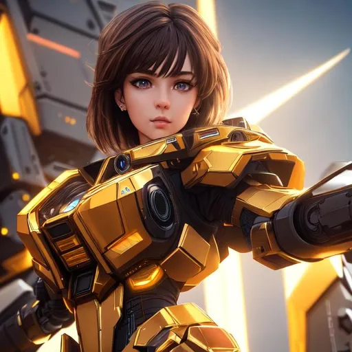 Prompt: 3D, Full HD render + immense detail + dramatic lighting + well lit + fine | ultra - detailed realism, full body art, lighting, high - quality, engraved | highly detailed | 

18 years old, short brown hair with dark brown highlights, gold eyes, neon mech suit, mech wings, mech sword, parted bangs, ethereal, digital painting, artstation, concept art, smooth, sharp focus, Nostalgic, concept art, parted bangs, ethereal, parted bangs, ethereal, wild hair, sensual royal vibe, highly detailed, digital painting, Trending on artstation, Big Eyes, artgerm, highest quality stylized character concept masterpiece, award winning digital 3d oil painting art, hyper-realistic, intricate, 64k, UHD, HDR, image of a gorgeous, beautiful, dirty, highly detailed face, hyper-realistic facial features, perfect anatomy in perfect composition of professional, long shot, sharp focus photography, cinematic 3d volumetric