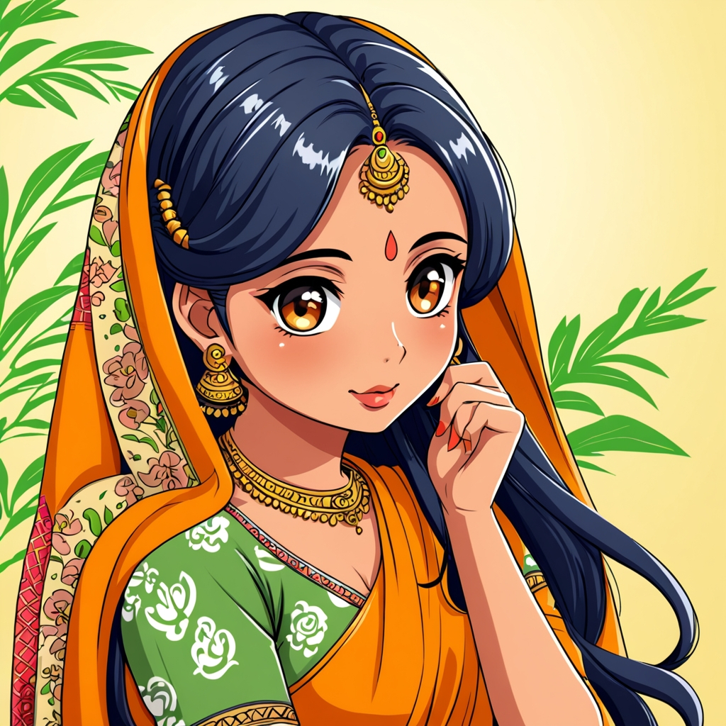 Cute Bengali woman in anime style