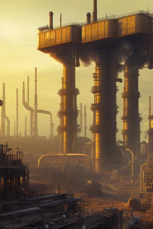 Prompt: artwork featuring a desolate wasteland that has been transformed into a sprawling, nightmarish industrial complex, filled with smokestacks, machinery, and toxic waste. You could specify the cause of the apocalypse, as well as any key characters or plot points.