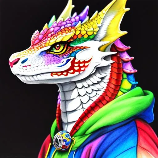 Prompt: Portrait of a colorful anthro scaley dragon with a white face with clown-like markings wearing a black hoodie, perfect composition, watercolor on paper with pencils, hyperrealistic, super detailed, 8k, high quality, trending art, trending on artstation, sharp focus, studio photo, intricate details, highly detailed, Trending on Artstation, Popular on Dribbble, Cozy wallpaper, Pastel colors, soft lighting