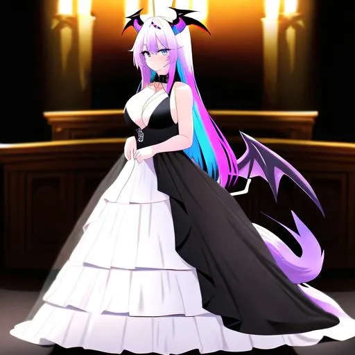 Prompt: Haley  as a demon horse hybrid (bright multi-color hair) (multi-color eyes) wearing a black wedding dress (demon tail) (black demon wings) standing at the altar in hell, looking sad