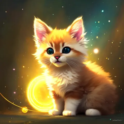 Prompt: Cute, yellow, fluffy, fantasy light kitten, with lighting, yellow eyes, yellow fur, and possessing the element of space and making circles of lighting stripes
 move around in the air in a magical way, in a space background. Perfect features, extremely detailed, realistic. Krenz Cushart + loish +gaston bussiere +craig mullins, j. c. leyendecker +Artgerm.