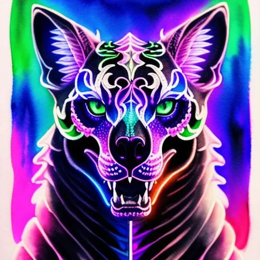Prompt: portrait of a roaring neon skeleton dragon with fangs and iridescent black markings and a cute face, perfect composition, watercolor on paper with pencils, hyperrealistic, super detailed, 8k, high quality, trending art, trending on artstation, sharp focus, studio photo, intricate details, highly detailed