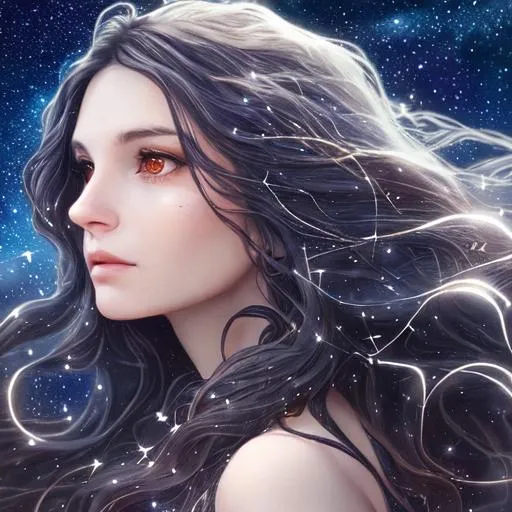 A woman with long dark wavy hair and a wind full of... | OpenArt