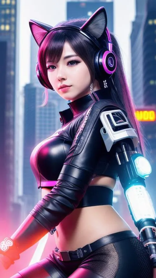 Prompt: 8k, realistic,ultra hd, detail eyes,detail hair, ai music, beautiful girl, cyber punk,neko headset,light,music city,siting,facing forward