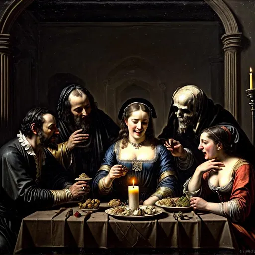 Prompt: Death, Devil, Plague and War at the pesant's dinner table, feasting, mold, dirt and trash is everywhere, the host is laughing, candle light, darkness, harsh lighting, classical painting, goya style, horror style, highly detailed faces.
