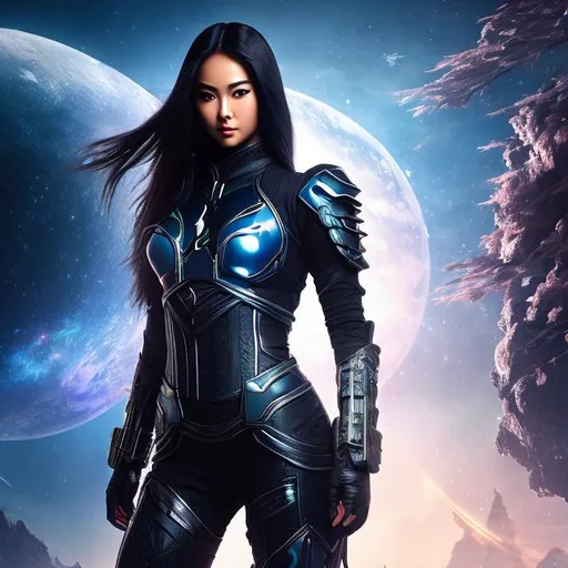 Prompt: create photograph of beautiful female ninja who is wearing futuristic costume,  night time and beautiful sky  space and planets an nebulae in sky highly detailed, detailed face, extremely detailed environment, extremely detailed background, extremely detailed skin, extremely detailed clothing, natural colors , professionally color graded, photorealism, 8k, realistic, moody lighting, galactic environment, volumetric lighting