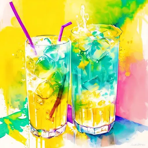 Prompt: drinks, yellow, bright, summer, water color