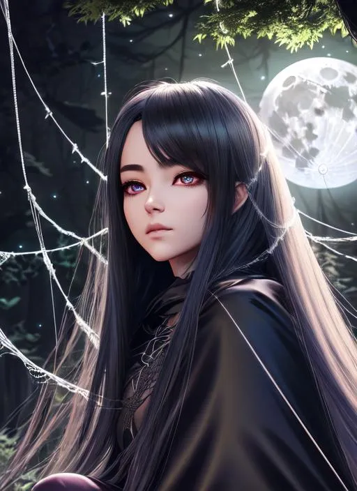 Prompt: Beautiful half-girl, half-spider creature with long hair sitting on a web in a dark forest. She holds a small spider and wears a cloak made of spiderwebs. Use a dark color palette and add a full moon in the background, Artgerm, CryEngine, Octane Render, 8k, symmetrical face, accurate anatomy ultra detailed face, very soft colors,((Masterpiece)),Radiant Expressive Gazes