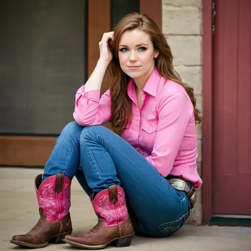 Prompt: A very beautiful Irish sitting. She is wearing a pink shirt, blue jeans and cowboy boots. Her boots are pink too.