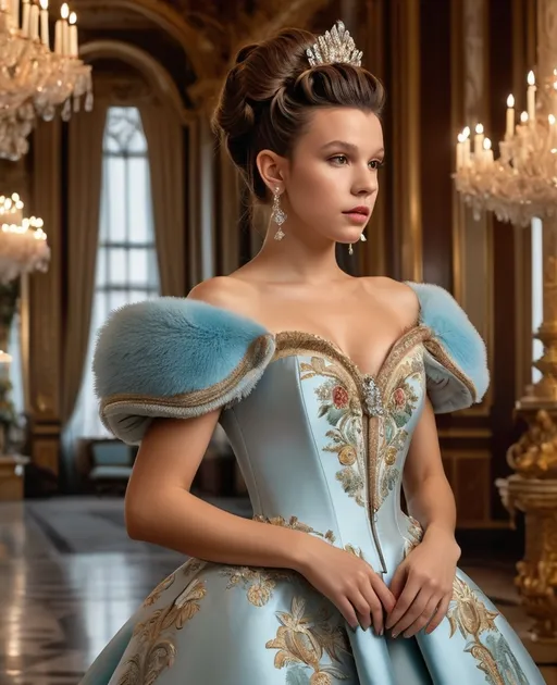 Prompt: Millie Bobby Brown in Rokoko Style, the main subject is a young woman who bears a striking resemblance to Millie Bobby Brown, She is seen in an opulent, Rococo-inspired mood painted by a blend of Artgerm and Rubens, breathtaking white rokoko updo hair, wearing an elaborate dress in vibrant winter colors. The dress is rich in architectural details and voluminous, adding to the grandeur of the image. This portrayal of the young woman is either a painting, showcasing her in an indoor palace setting. The background is teeming with an abundance of intricate and ornate elements, further accentuating the luxurious ambiance. The description aims to convey the exceptional quality of the image, capturing the viewer's attention through its extraordinary attention to detail and the lavishness it exudes.