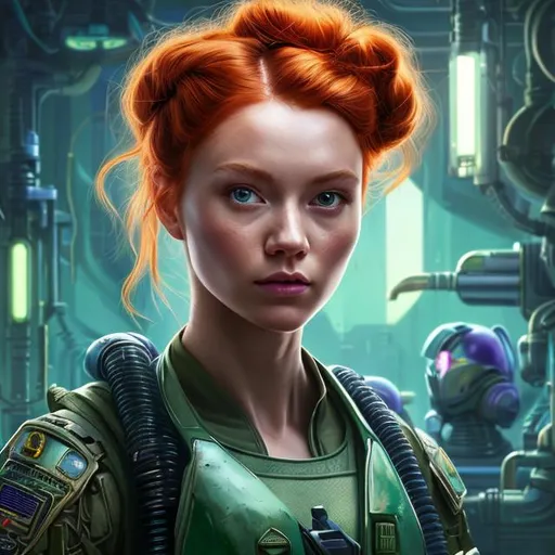 Prompt: full body Oil painting of a woman with red hair tied in a bun, broad chest and with pretty face, In futuristic repair bay, wearing pilot gear with dark green military vest, purple shorts, perfect composition, hyperrealistic, super detailed, 8k, high quality, trending art, trending on artstation, sharp focus, studio photo, intricate details, highly detailed, by greg rutkowski