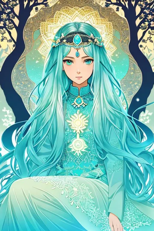 Prompt: front view, semi-negative ancient tree of life theme design contrast turquoise color, detailed beige jasmine flowers vector silhouette background,

masterpiece best quality hyperdetailed ultra realistic flat color pastel mix 2D 1 anime cute tall very skinny beautiful girl hopeful, detailed face, sitting, pastel long hair, headband,

short dress,

starry night, light turquoise and light beige glowing light, head light, front light, glittering,

resolution high res intricately detailed complex,

album cover art, clean art, flat color art, 2D illustration art, 2D vector art, digital art, 128K resolution, digital painting, colorful ink illustration, hyperdetailed sharp focus, digital illustration, perfect composition, golden ratio, digital watercolor painting, impressionist painting, flat color digital watercolor pastel mix painting,

centered,