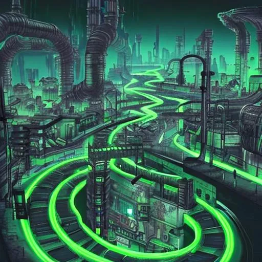 Prompt: megatropolis sewer with neon green, radioactive water flowing from pipes, black and green industrial sewer 