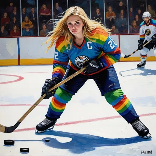 Prompt: 22-year-old woman on the ice scoring a goal, other players and goalie, long blonde hair, beard, full body shot, holding a hockey stick, thick impasto oil illustration, emphasis on rainbow colored suit, large palette-knife strokes, tarot card style with hockey puck theme, impressionistic, high quality, thick oil paint, detailed clothes, hockey stick, vibrant silver and gold tones, artistic, professional lighting