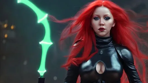 Prompt: Christina Aguilera as Mara jade, 23 years old, black crop top, black leather pants, details on her long red hair, full body shot, ultra realistic, photoshoot quality, UHD, HD, 100K, stunning visuals, atmospheric, red evil eyes, curvy slim build, light contrast