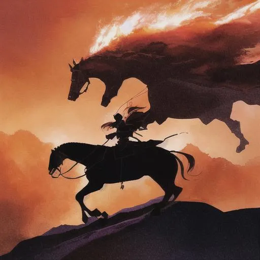 Prompt: The beginning of the end. Fire in the sky. A brave knight is riding to the river. 