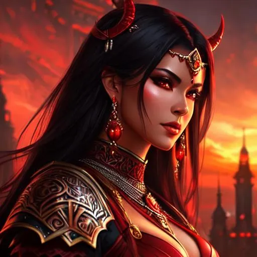 Prompt: Concept art of a red-skinned demon warrior with black hair. Background is a fantasy city. Fantasy, intricate, elegant, highly detailed, digital painting, trending on artstation, concept art, smooth, sharp focus, illustration art by Stanley Lau