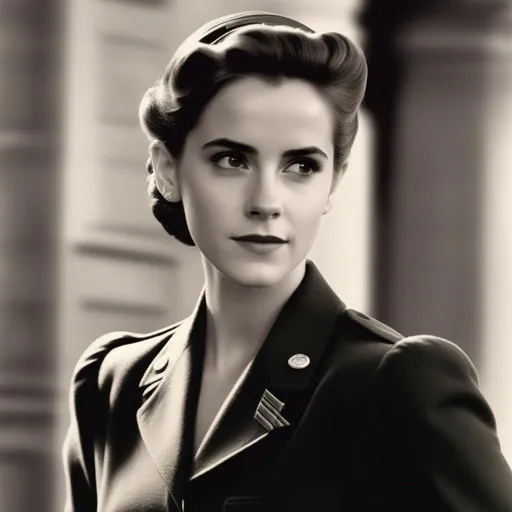 Prompt: emma watson as peggy carter in the 40s in the uniform hair in low bun, vintage photograph
