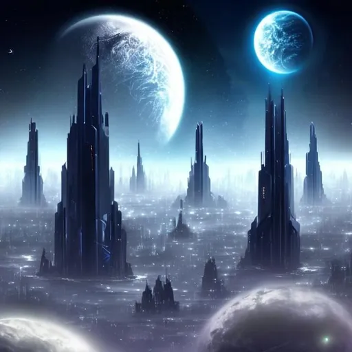 Prompt: Futuristic Tall black towers on deep dark ocean dark sky spaceships night lights hover ships dark tall city lots and lots of small floating ships hovering above clouds big planet with rings closeby spaceships hovering