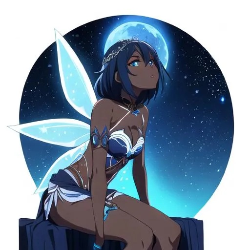 Melanin fairy queen staring at a full blue moon with the night sky full of stars