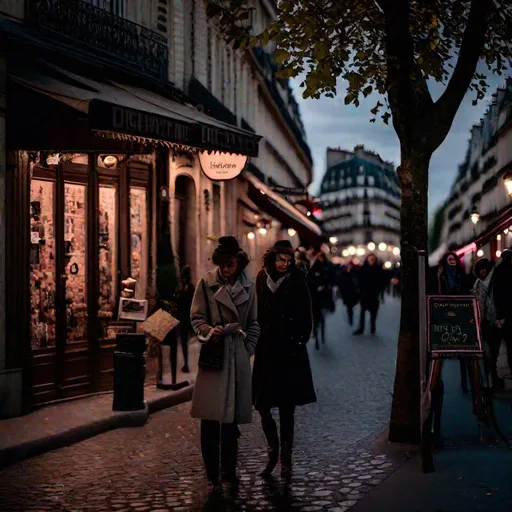 Prompt: A street scene in Paris, taken at dusk with a Fujifilm X-T3 and a 35mm f/1.4 lens. The mood of the image is romantic and nostalgic.