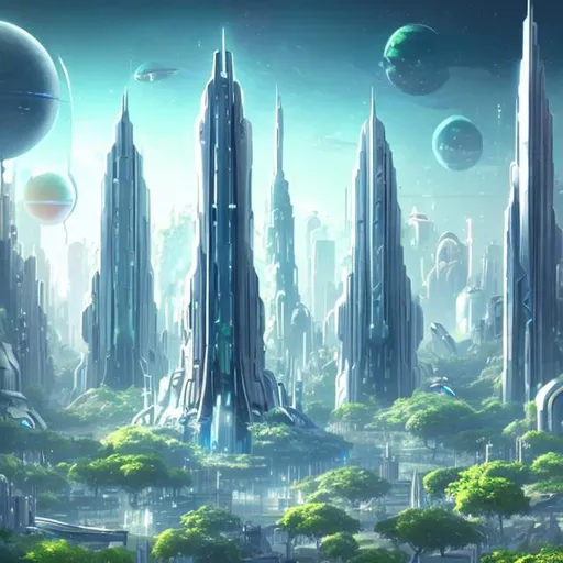 Prompt: Futuristic City White Tall Towers Lush Green Overgrown Plants Light Blue Sky High with many big white spaceships