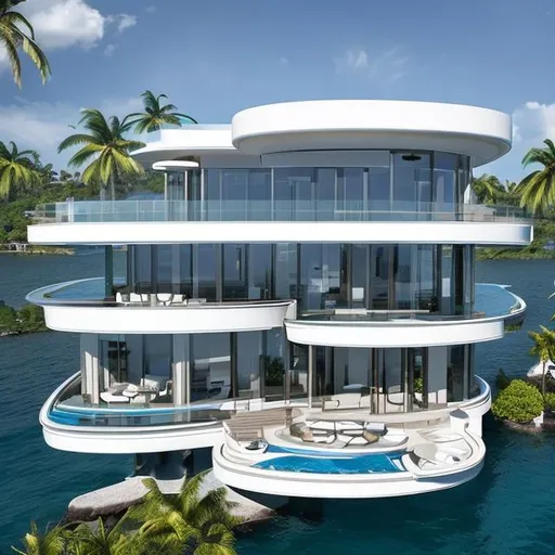 Prompt: this beautiful and modern luxury floating villa with its futuristic design combines elegance and refinement. with walls made of tempered glass that offer unobstructed views over the water.
the wave-shaped roof provides a unique touch. the interior has been designed with high quality finishes and luxurious furnishings.
lighting is designed to enhance the villa's architectural features. accessories were strategically placed to cast a warm, welcoming glow throughout the space.
photographed by annie leibovitz with a nikon z9 camera and nikkor lens, the lighting is a blend of natural light and cinematic lighting, which has the effect of creating a romantic and dramatic effect.