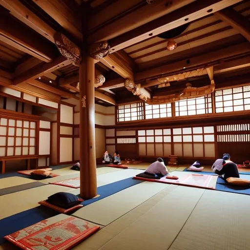 Tatami mats cover the floor, allowing worshippers to... OpenArt